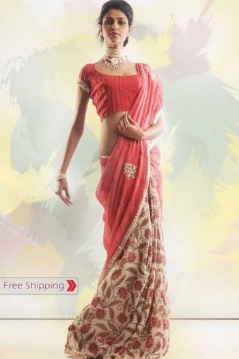 CoralPinkandPeachPartyandFestivalWearSaree