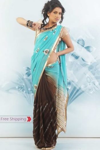 CyanandBrownEmbroideredPartyFestivalWearGeoregetteSaree