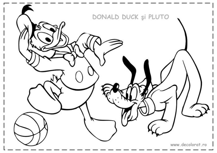 planse-de-colorat-donald-desen-de-colorat-donald-fericit-si-pluto-alearga-dupa-minge
