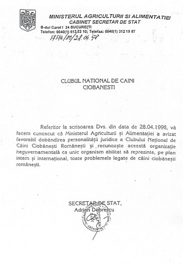 Ordin MAA - Rom - Clubul National de Caini Ciobanesti Romanesti CNCCR