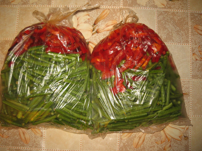 Fasole la metru cu ardei kapia la congelator,sept.2011; Am avut din plin si fasole si ardei asa ca am zis sa fac pungi de o mancare
