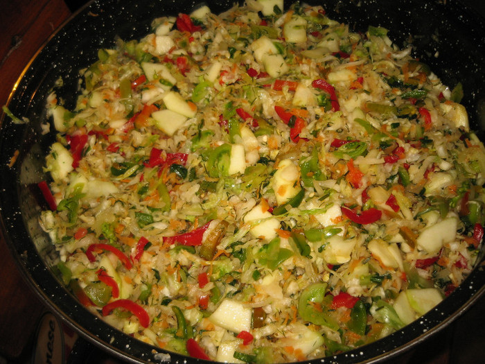 Salata de legume cu sare pentru iarna,nov.2011; Toate legumele taiate se amesteca cu sare putin mai mult decat normal la o salata,se amesteca bine
