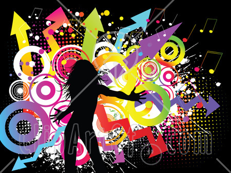 28453_black_silhouetted_woman_dancing_over_a_funky_grunge_background_of_colorful_circles_music_notes - Funky