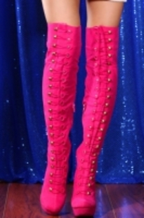 0 0 Fuchsia Faux Suede Hook Loop Thigh High Heel Boots