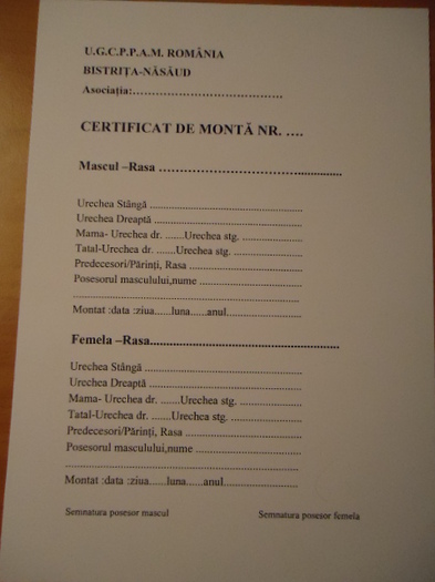 Fisa de Monta-fata - x-Certificatul de Origine la Iepurii in rasa pura