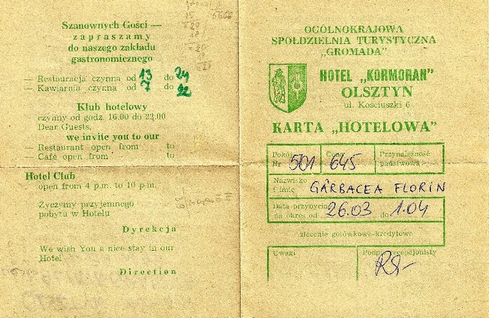 Hotel Kormoran OLSZTYN - Polonia 1980 - FILARMONICA - turnee