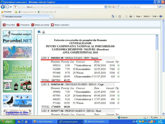 001801-08 un porumbel de exceptie centralizarea lui la categoria DEMIFOND MATURI 2010