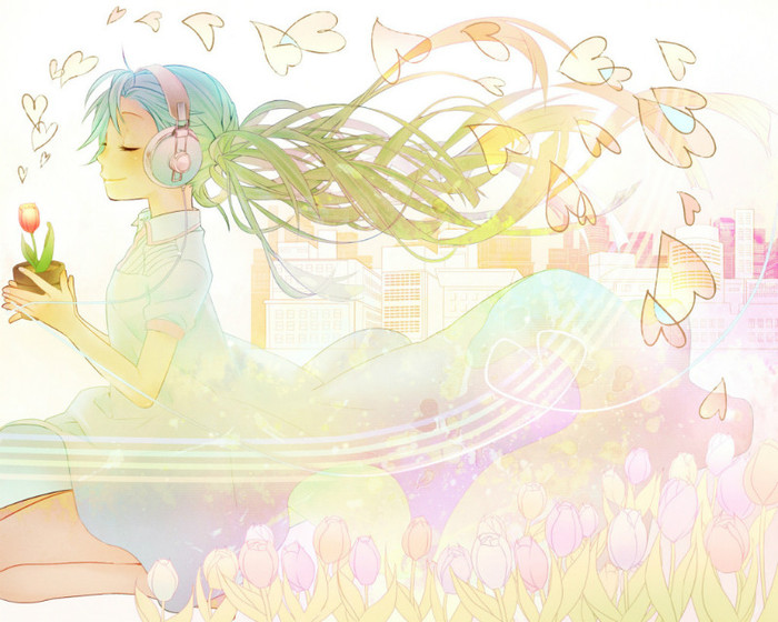 Konachan_com20-2012422520building20flowers20hatsune_miku20headphones20heart20keishi20long_hair20twin