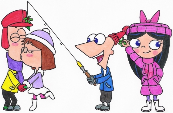 Isabella_Phineas_Ferb_Gretchen_mistletoe_kiss - P and F
