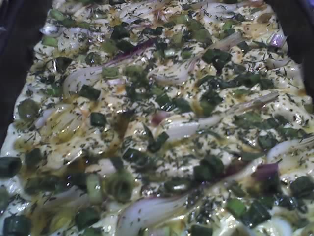 focaccia cu ceapa,marar si cimbru; aluat ca de paine+lapte+ulei de masline+ceapa+marar+cimbru
