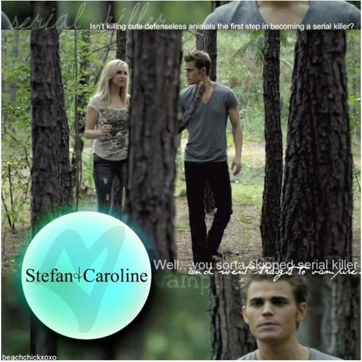Stefan si Caroline iesira la o plimbare prin padure - The vampire diaries banda