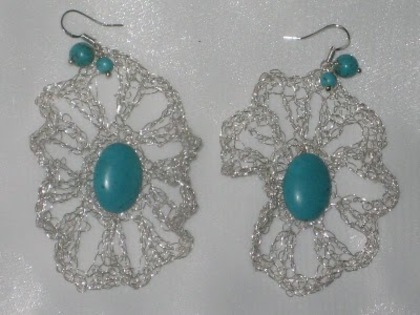 Cercei crosetati realizati din turcoaz sarma argintata turquoise knitted crochetes silver argent arg - cercei