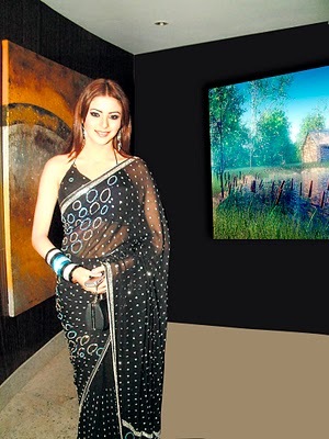 aamna sharif at an exibition in black transparent saree
