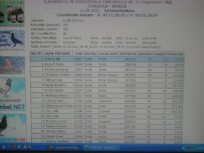 ETAPA 3 CLASAMENT CRESCATORI - REZULTATE PORUMBEI 2012