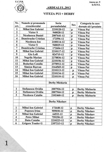 vit pui derby - Liste cu porumbeii participanti