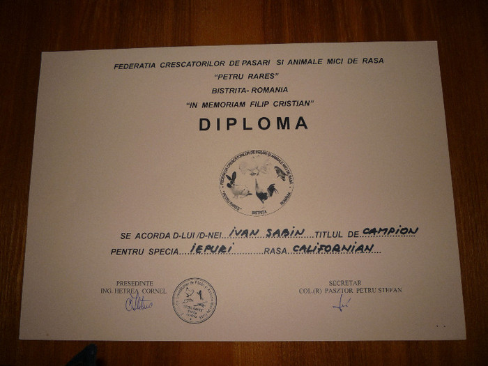 diploma californian femela - Campioni 2012