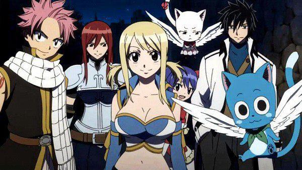 natsu erza lucy sharlott gray si happy - fairy tail