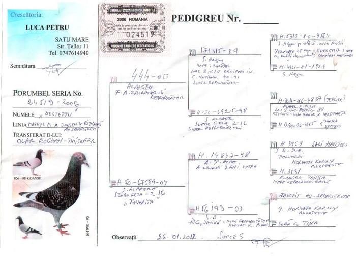 24519-06M G,LUCA PETRU - pedigreele unor porumbei achizitionati