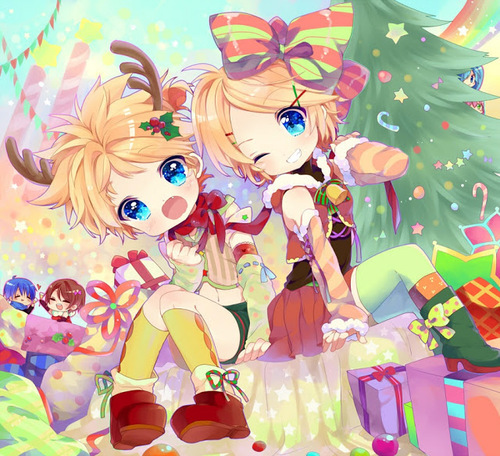 cute_anime_vocaloid_christmas_tree_wallpaper_presents_xmas_smile_darlings_twins_Kagamine_len_and_rin