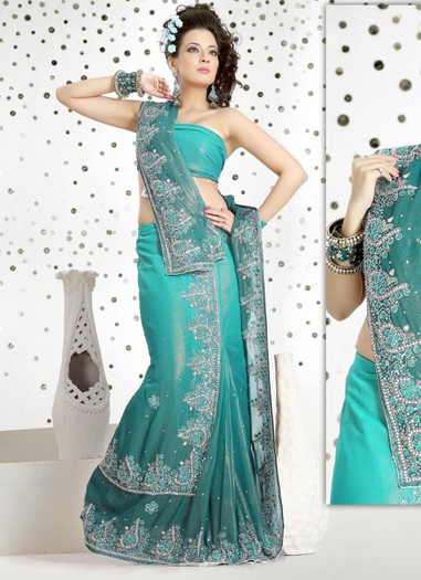 Marvelous-Turquoise-Ready-Pleated-Saree-SAMSS1115-u - Saree