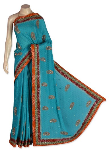 turquoise-pure-chiffon-banarasi-saree