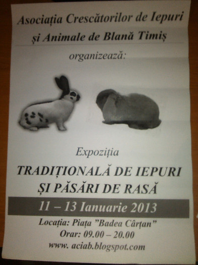 anunt - EXPOZITIA TRADITIONALA DE IEPURI SI PASARI DE RASA 11-13 IANUARIE 2013