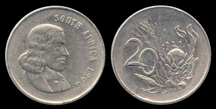 20 cent, Africa de Sud, 1965 (legenda in engleza)
