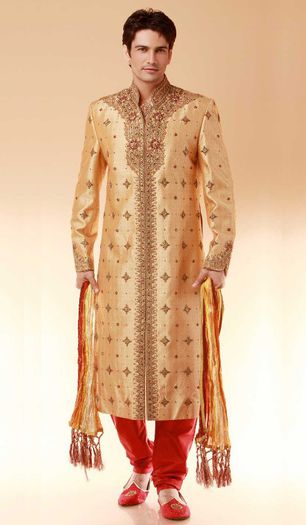 Deep-Beige-Satin-Brocade-Embroidered-Wedding-Sherwani-for-Grooms - Sherwani