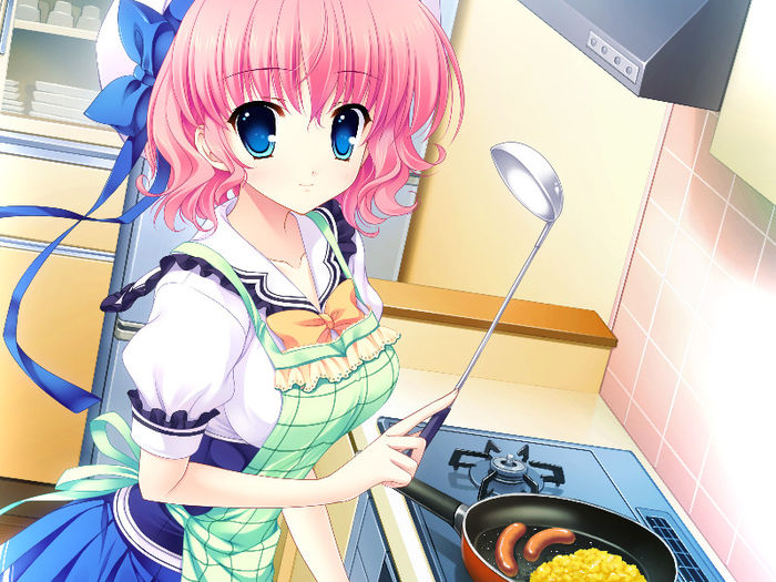 Konachan.com - 147604 apron blue_eyes food game_cg hat himezono_risa mitha nanawind pink_hair ribbon