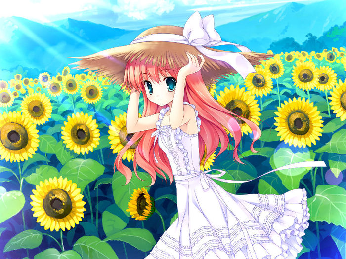 Konachan.com - 147609 blue_eyes dress flowers game_cg green_eyes hat himezono_risa landscape long_ha