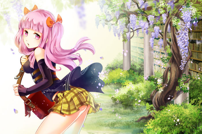 Konachan.com - 150103 gloves pidchin pink_eyes pink_hair ribbons sekaiju_no_meikyuu skirt tree twint