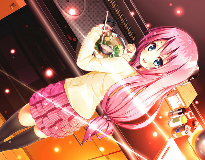 Konachan.com - 150790 blue_eyes blush food long_hair original pink_hair raivu skirt thighhighs