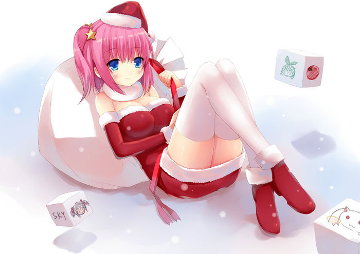 Konachan.com - 151270 blue_eyes christmas liong original pink_hair santa_costume snow tagme thighhig