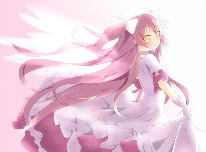 Konachan.com - 151613 bow dress gloves kaname_madoka long_hair mahou_shoujo_madoka_magica pink_hair 