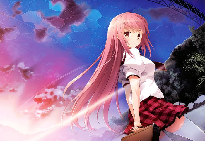 Konachan.com - 152262 clouds imouto_no_katachi long_hair miyuki_sena mutou_kurihito pink_hair seifuk