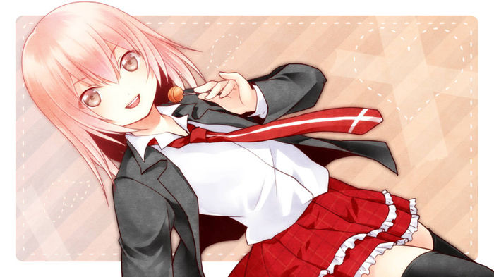 Konachan.com - 152628 jyuru pink_eyes pink_hair short_hair skirt thighhighs utau