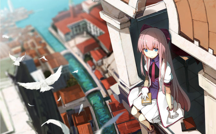 Konachan.com - 153670 animal bird blue_eyes book doll dress feathers gloves long_hair pink_hair shir