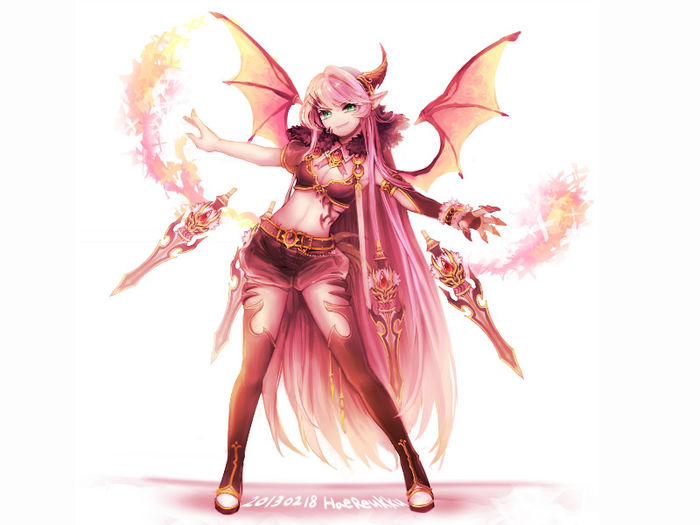 Konachan.com - 154813 grand_chase green_eyes horns ley_von_crimson_river long_hair pink_hair weapon 