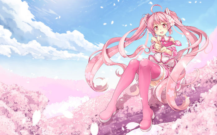Konachan.com - 155570 cherry_blossoms clouds hatsune_miku long_hair petals pink_eyes pink_hair sakur