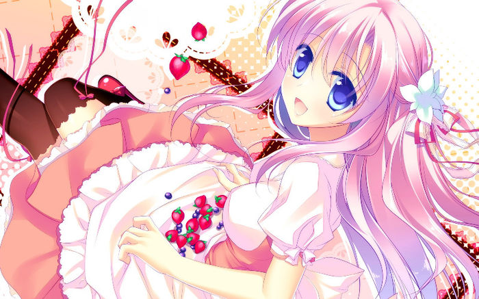 Konachan.com - 155700 blue_eyes dress flowers food long_hair motomiya_mitsuki pink_hair ribbons stra