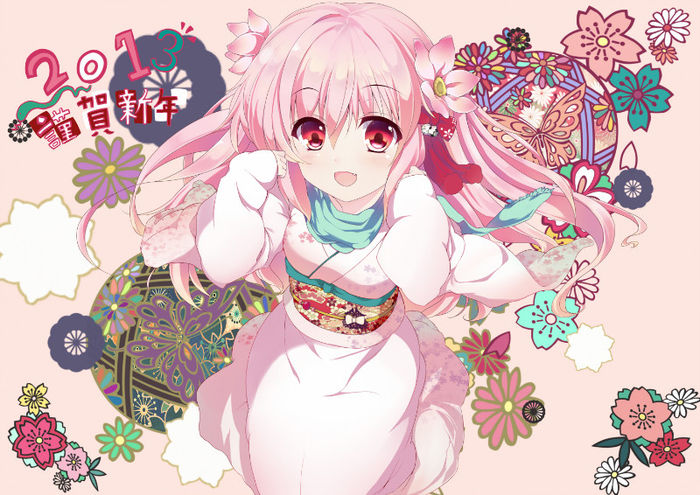 Konachan.com - 155920 animal blush bow fang flowers japanese_clothes kimono kyona_(konakona) long_ha