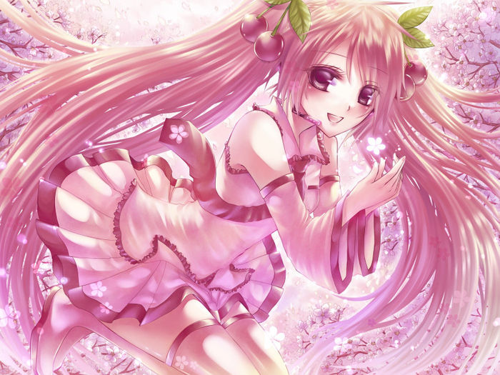 Konachan.com - 155959 hatsune_miku kurone_kuroneko long_hair petals pink_eyes pink_hair sakura_miku 