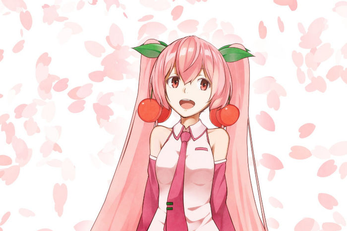 Konachan.com - 156055 hatsune_miku ninnzinn petals pink_eyes pink_hair sakura_miku tie twintails voc