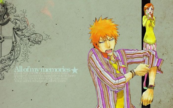 bleach kurosaki ichigo typography inoue orihime memories cellphones orange hair striped clothing _wa - Ichigo and orihime