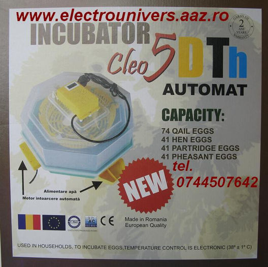 Cleo5DTH.GA incubatoare oua; Incubatorul Cleo 5 DTH Automat, cu dispozitiv intoarcere oua gaina ( G ) sau oua prepelita ( P ) cu indicator de temperatura ( T ) si umiditate ( H ) Automat (A) Pret 349 Lei.  ( A = Automatizare ) In
