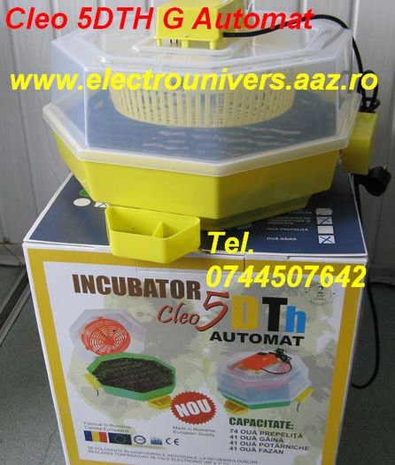 Cleo5DTHGA incubator oua; Incubatorul Cleo 5 DTH Automat, cu dispozitiv intoarcere oua gaina ( G ) sau oua prepelita ( P ) cu indicator de temperatura ( T ) si umiditate ( H ) Automat (A) Pret 349 Lei.  ( A = Automatizare ) In
