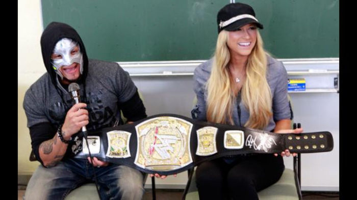 16327838 - Kelly Kelly and Rey Mysterio meet WrestleMania Reading Challenge participants in Cologne Germany