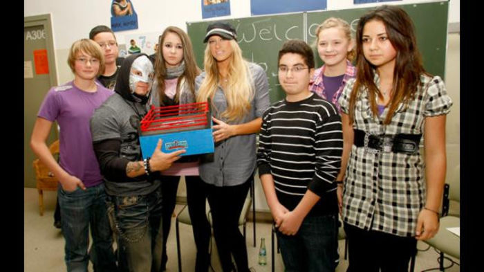 16327874 - Kelly Kelly and Rey Mysterio meet WrestleMania Reading Challenge participants in Cologne Germany