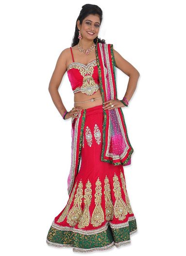 dark-pink-velvet-and-net-lehenga-choli-with-embroidered-florals-and-leaf-motifs - Lehenga Choli