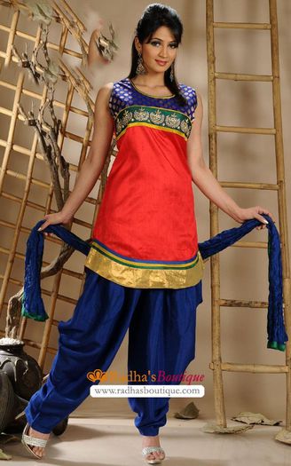 Orange & Blue Faux Silk Salwar Kameez - Dhoti Style Salwar - Dhoti Salwar